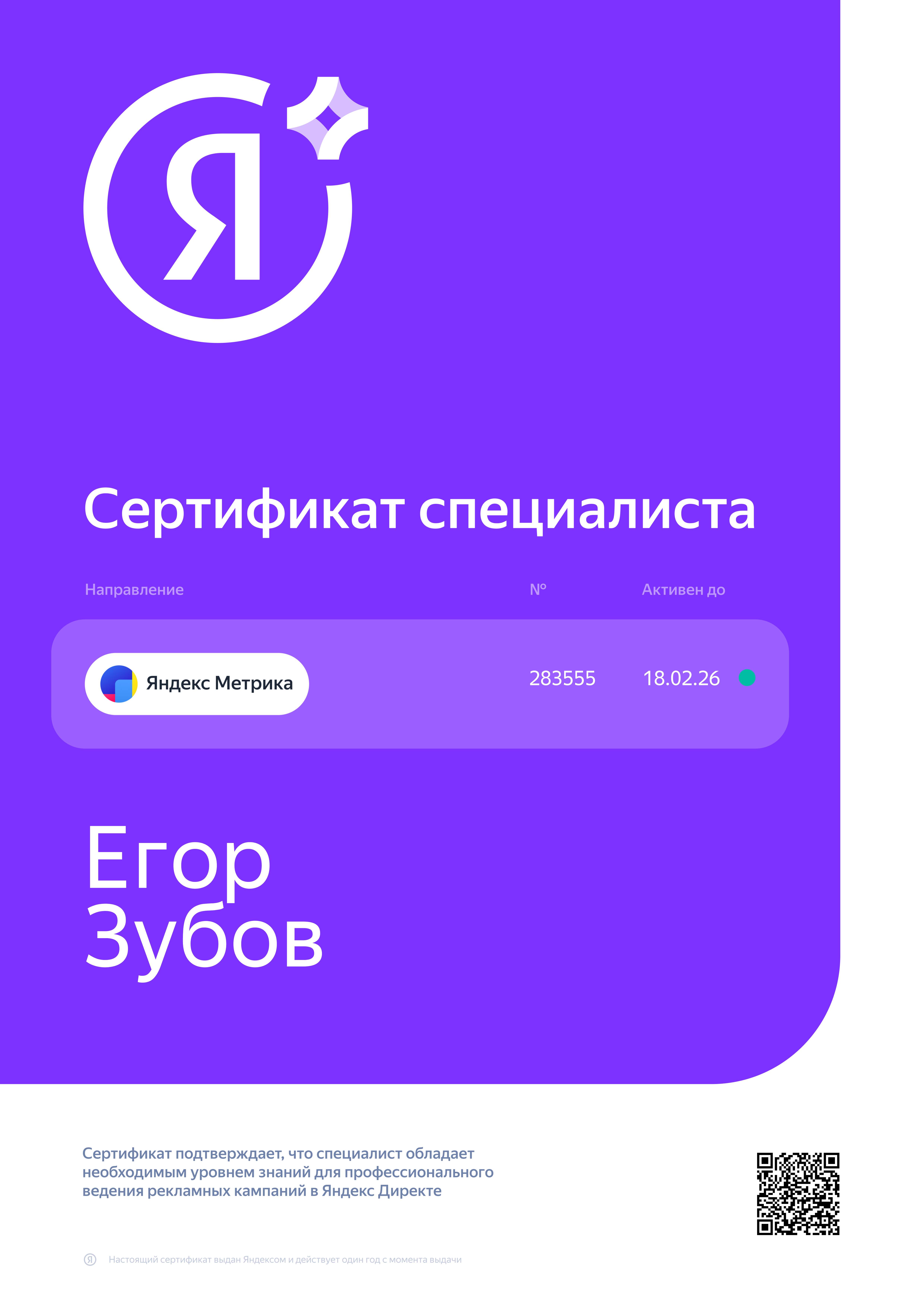 Сертификат Яндекс Метрика — Егор Зубов