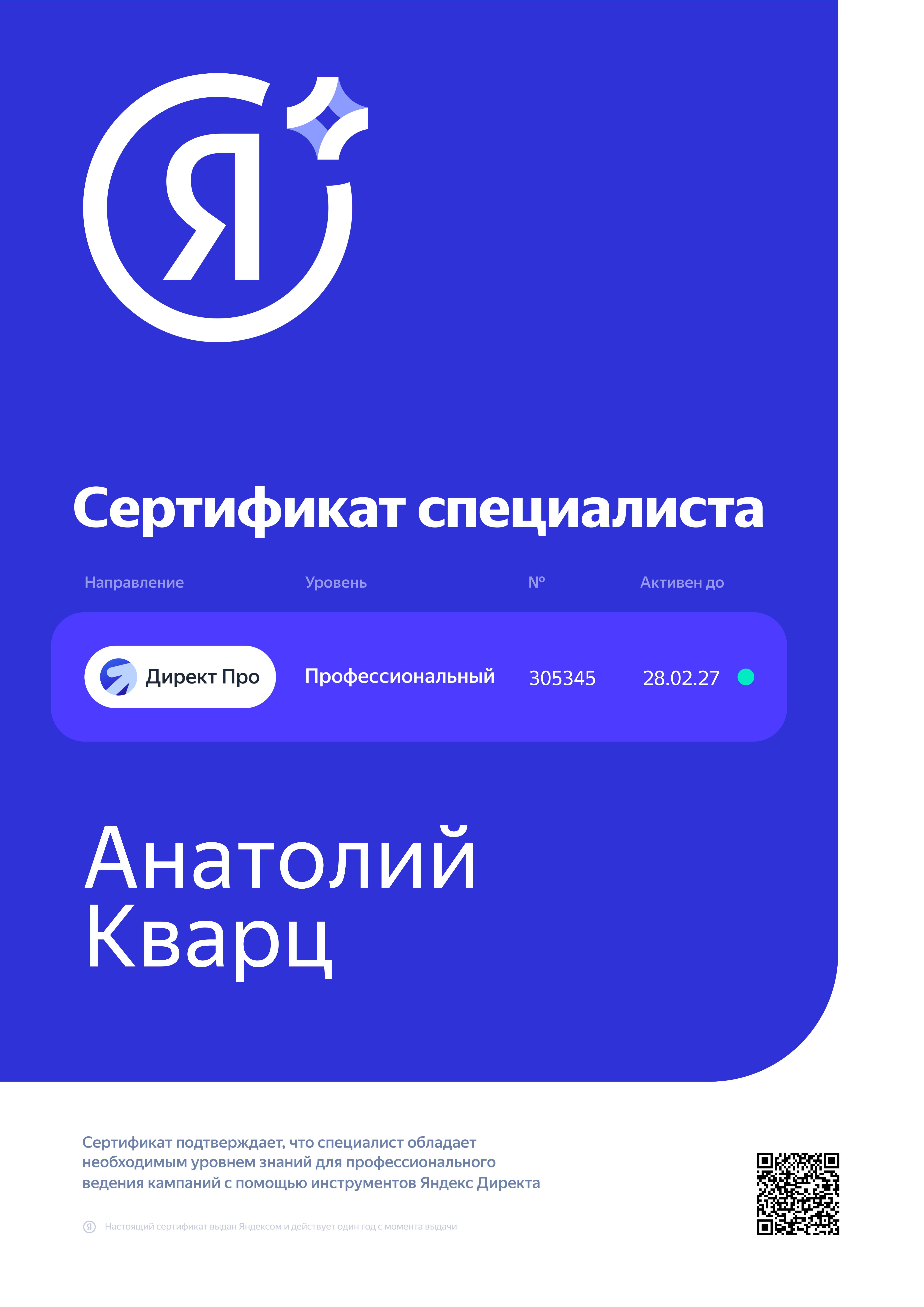 Сертификат Директ Про — Анатолий Кварц