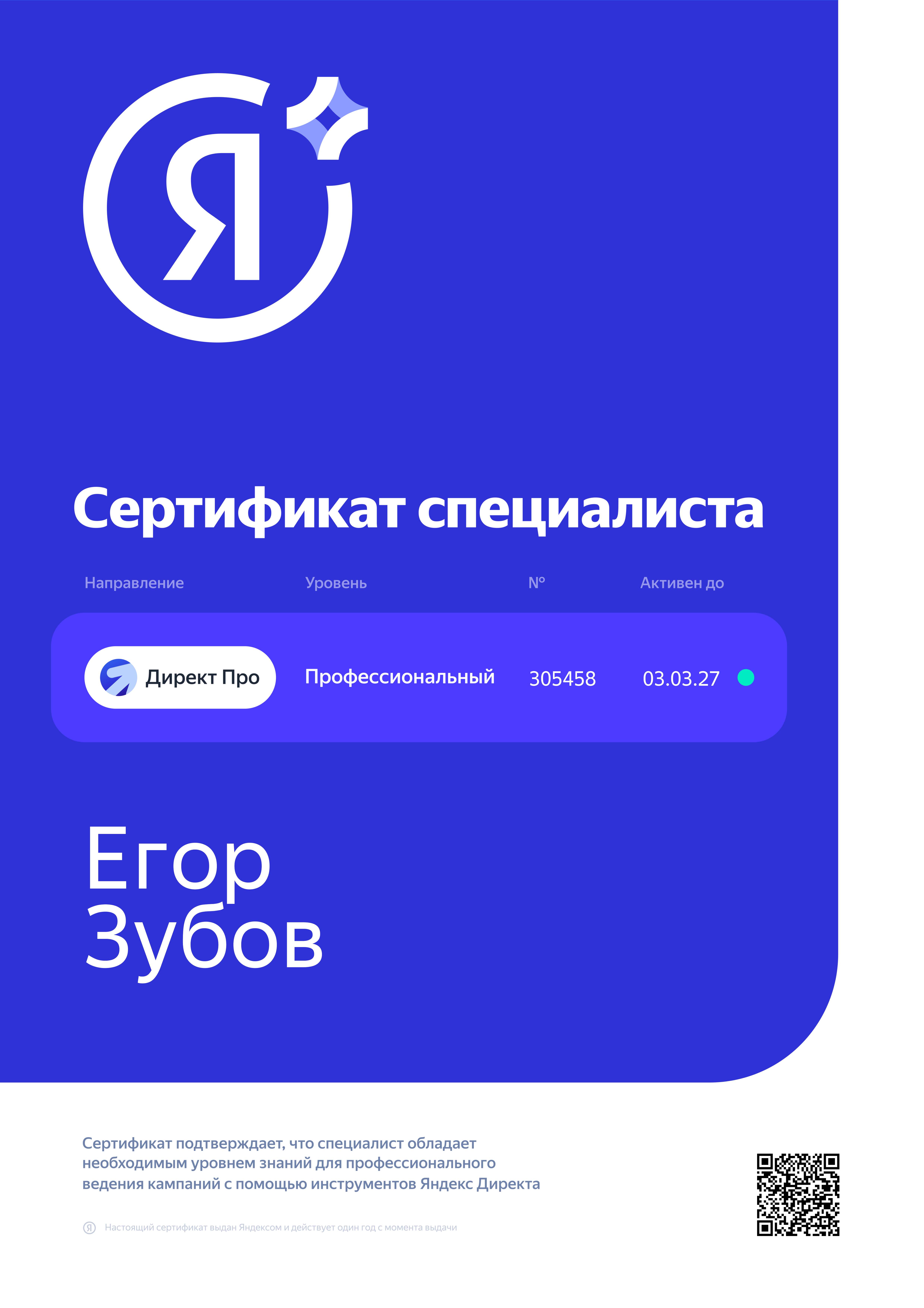 Сертификат Директ Про — Егор Зубов